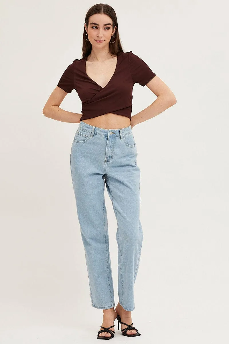 Brown Short Sleeve V Neck Rib Jersey Crossover Top
