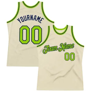 Custom Cream Neon Green-Navy Authentic Throwback Basketball Jersey