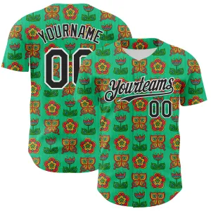 Custom Green Black-White 3D Emi Bee Butterfly Flower Authentic Baseball Jersey