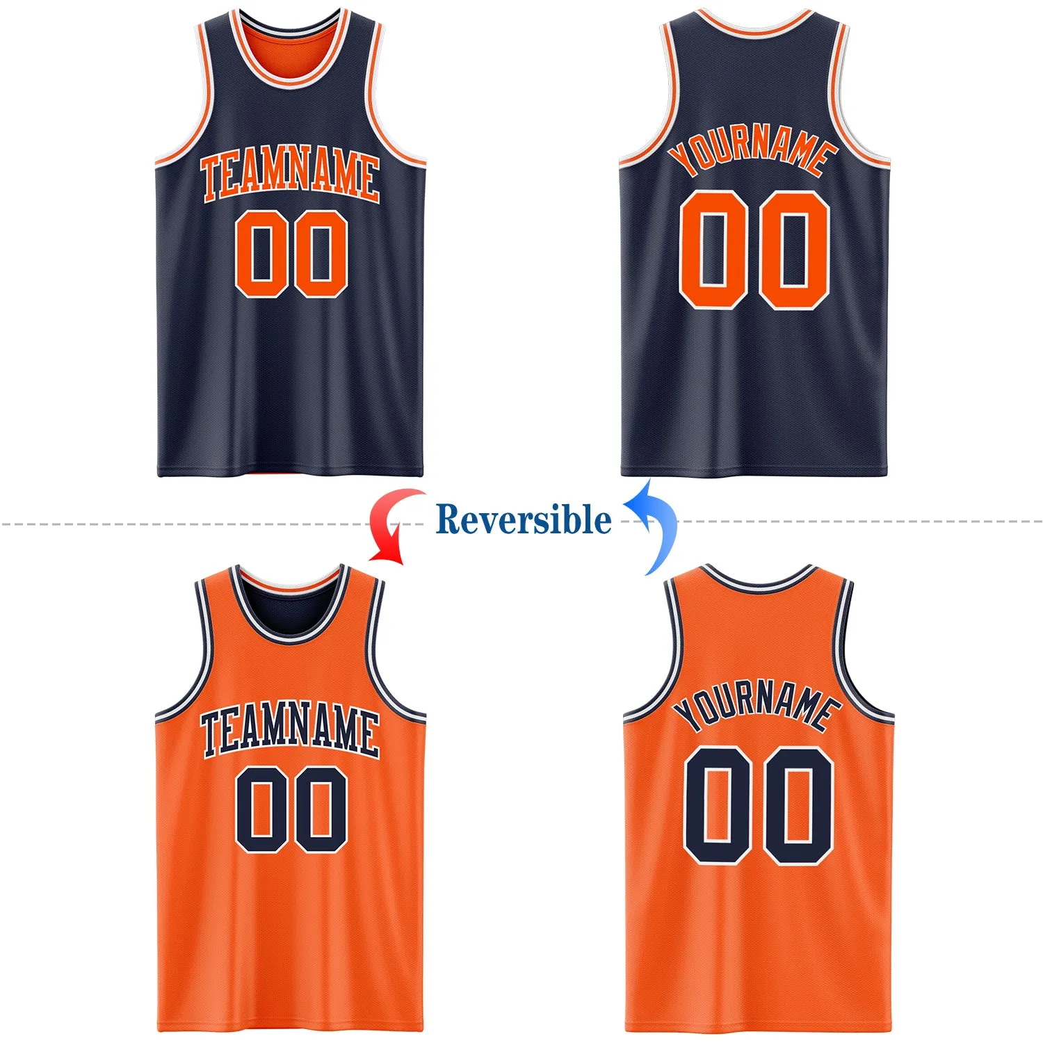 Custom Navy Orange-White Reversible Double Side Basketball Jersey