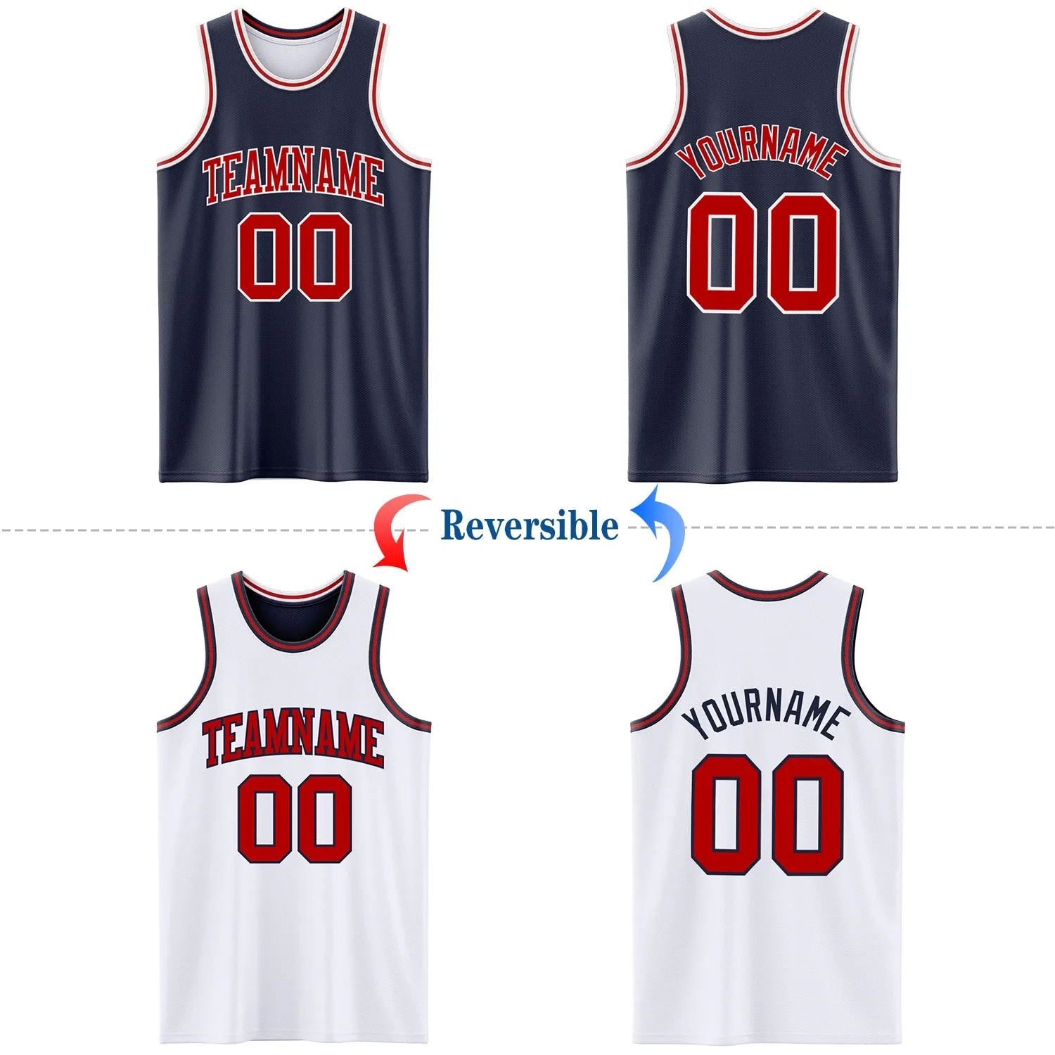 Custom Navy Red-White Reversible Double Side Basketball Jersey