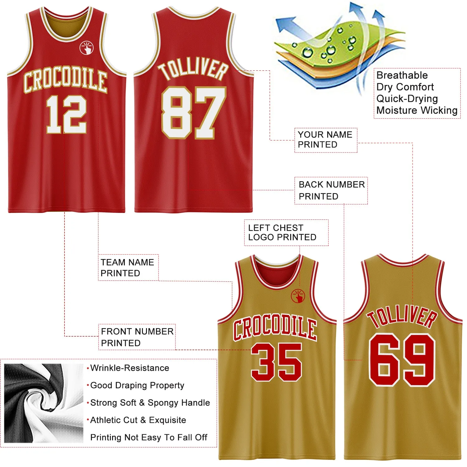 Custom Red White-Old Gold Reversible Double Side Basketball Jersey