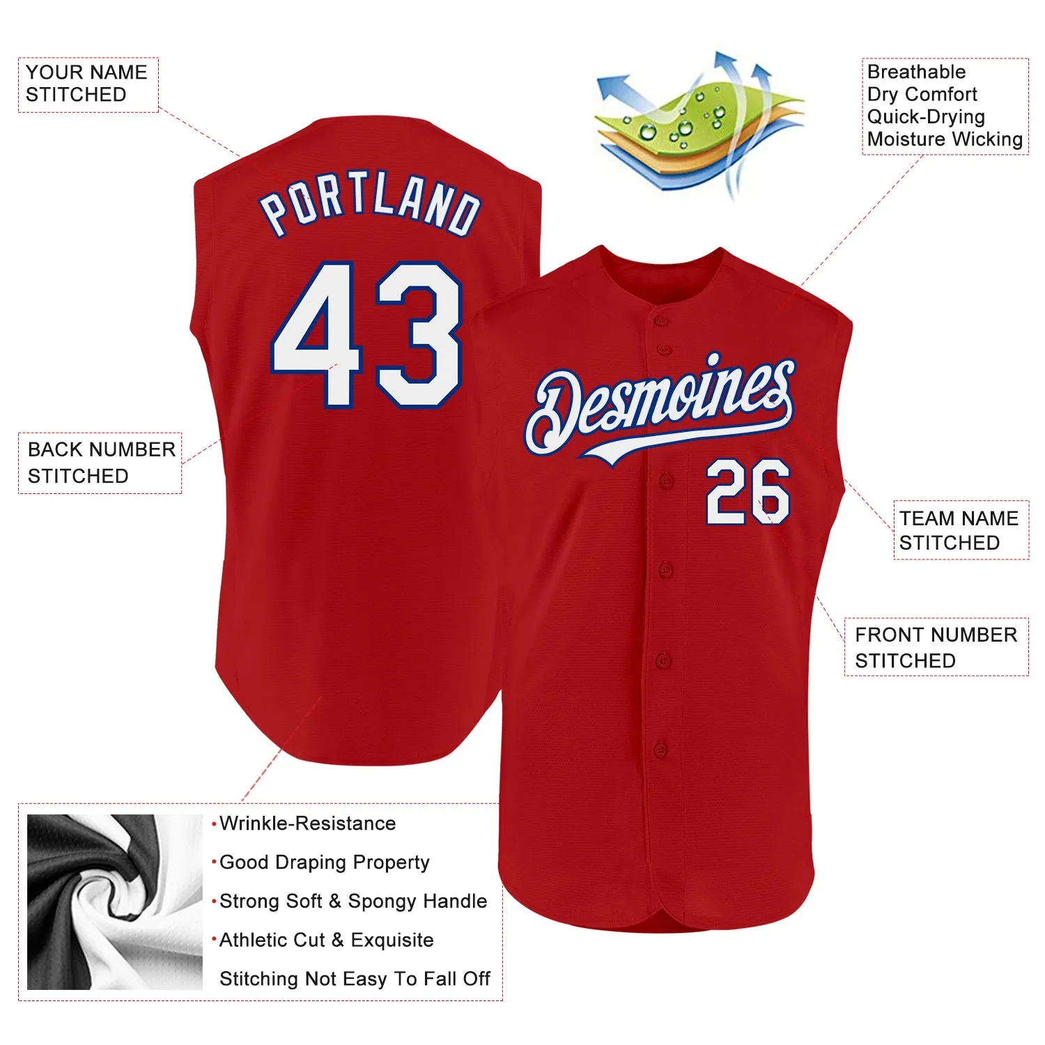 Custom Red White-Royal Authentic Sleeveless Baseball Jersey