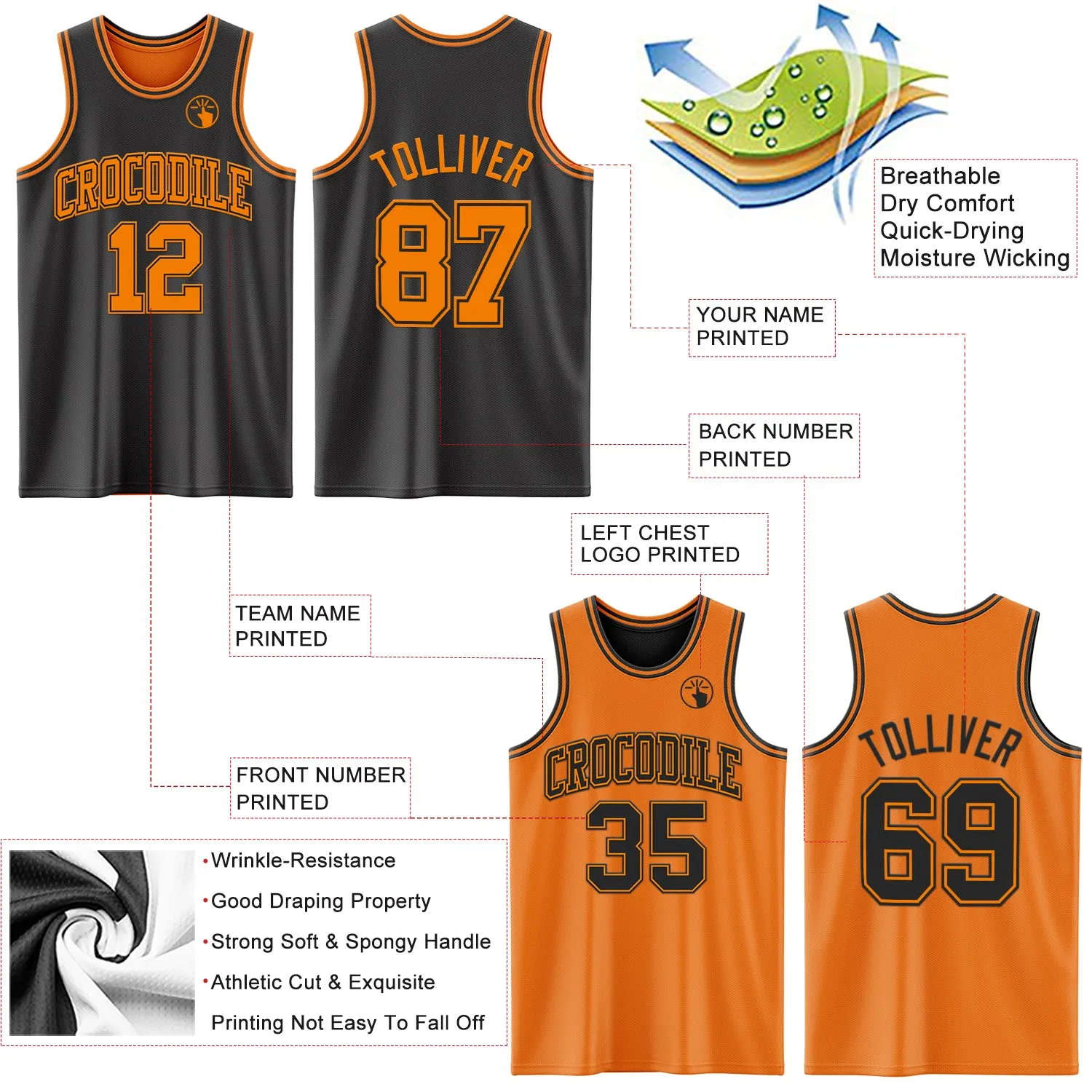 Custom Reversible Black Bay Orange Double Side Basketball Jersey