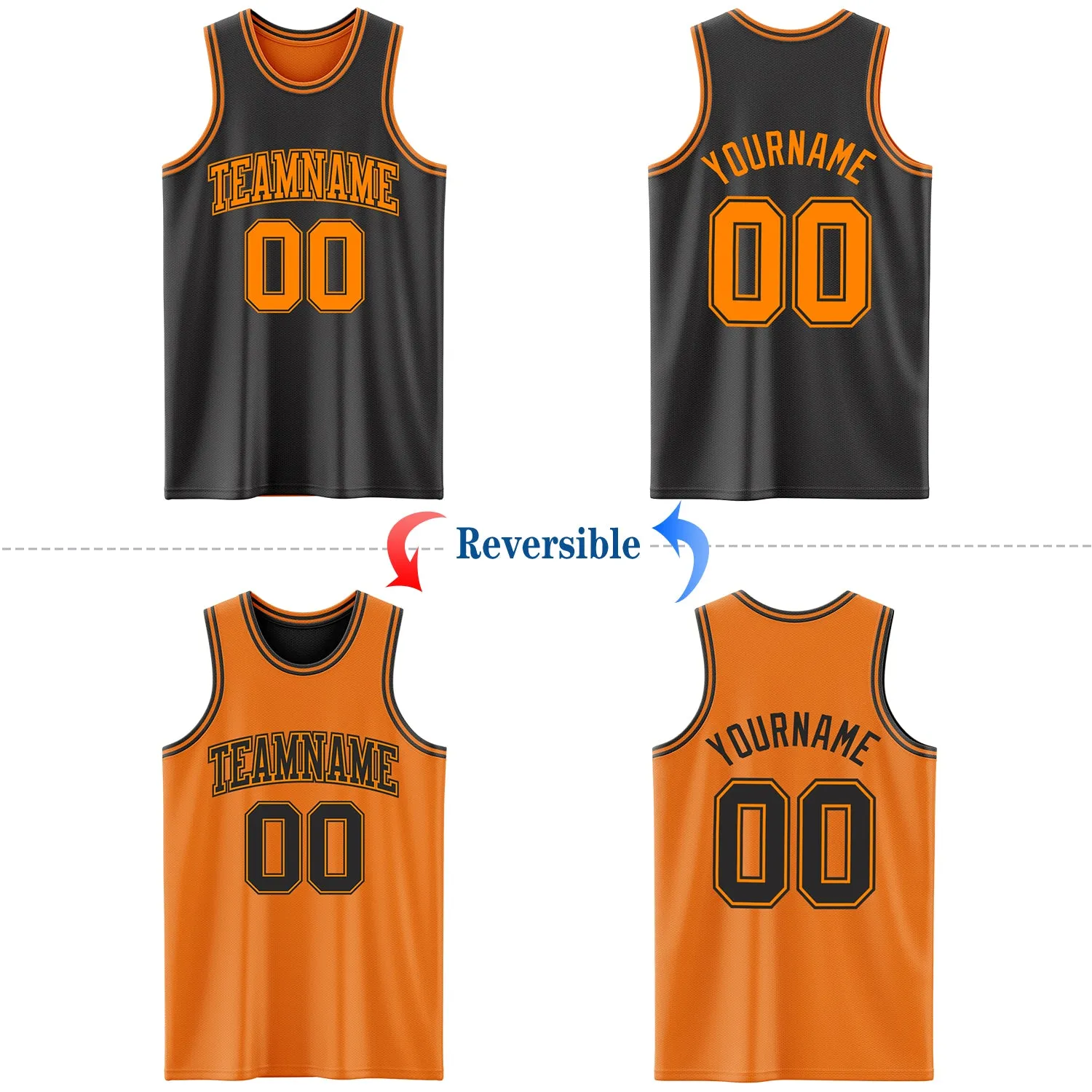 Custom Reversible Black Bay Orange Double Side Basketball Jersey