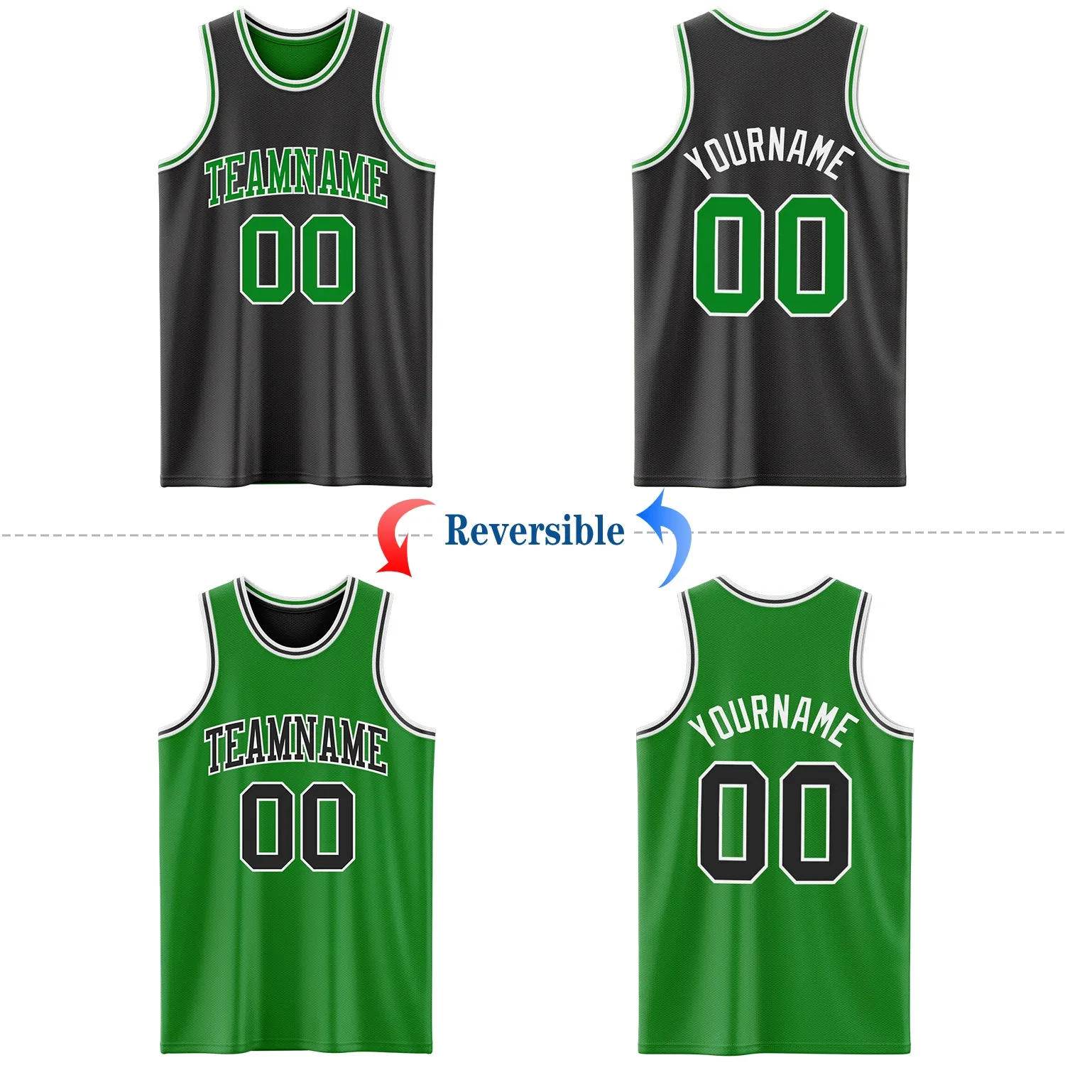 Custom Reversible Black Grass Green-White Double Side Basketball Jersey