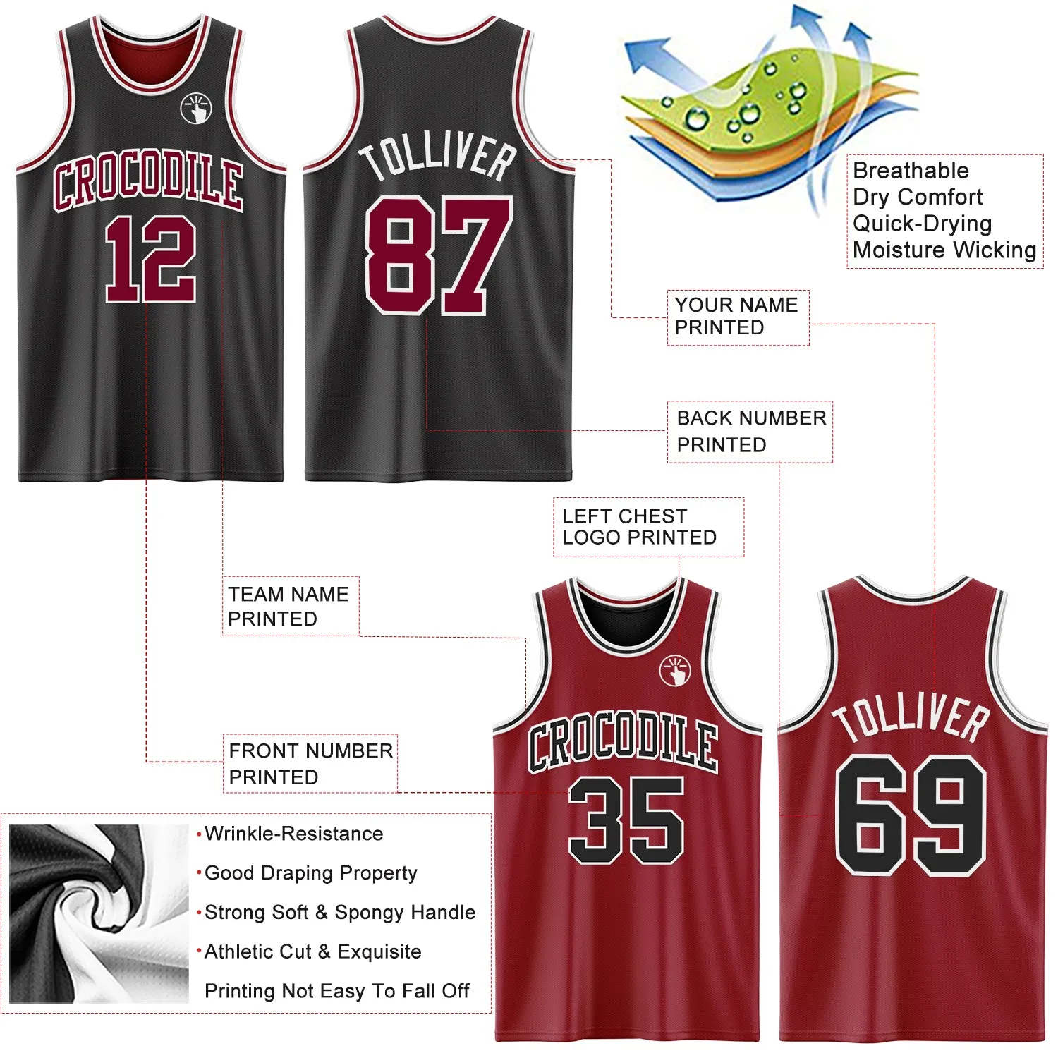 Custom Reversible Black Maroon-White Double Side Basketball Jersey