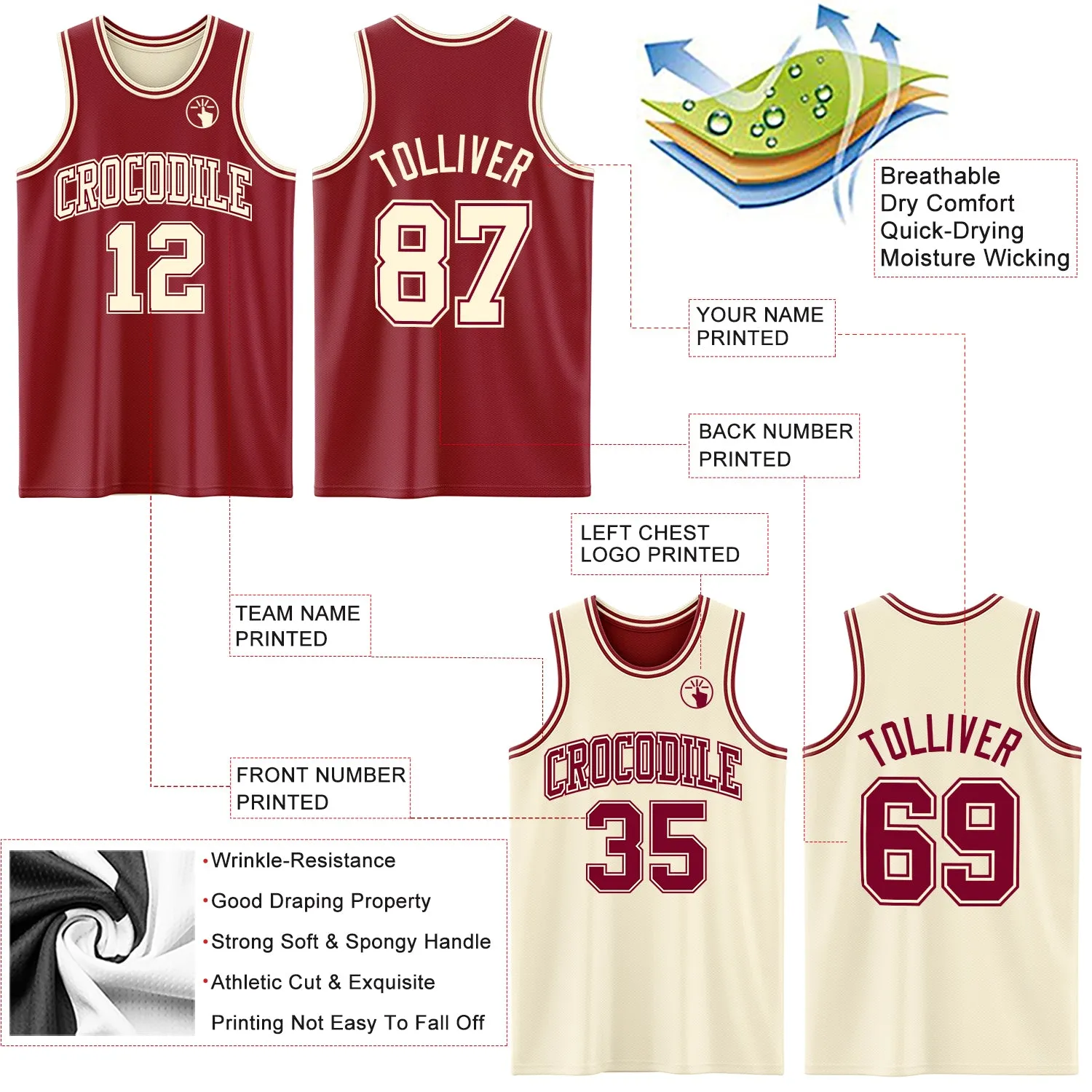 Custom Reversible Maroon Cream Double Side Basketball Jersey