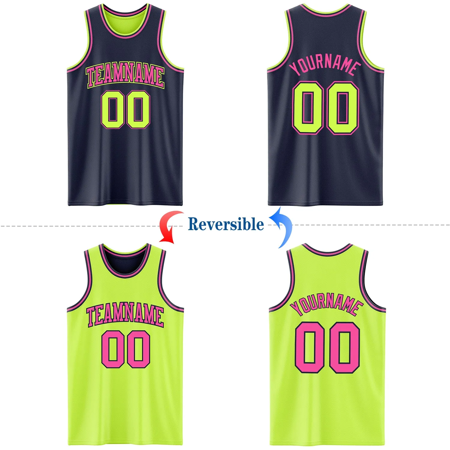 Custom Reversible Navy Neon Green-Pink Double Side Basketball Jersey