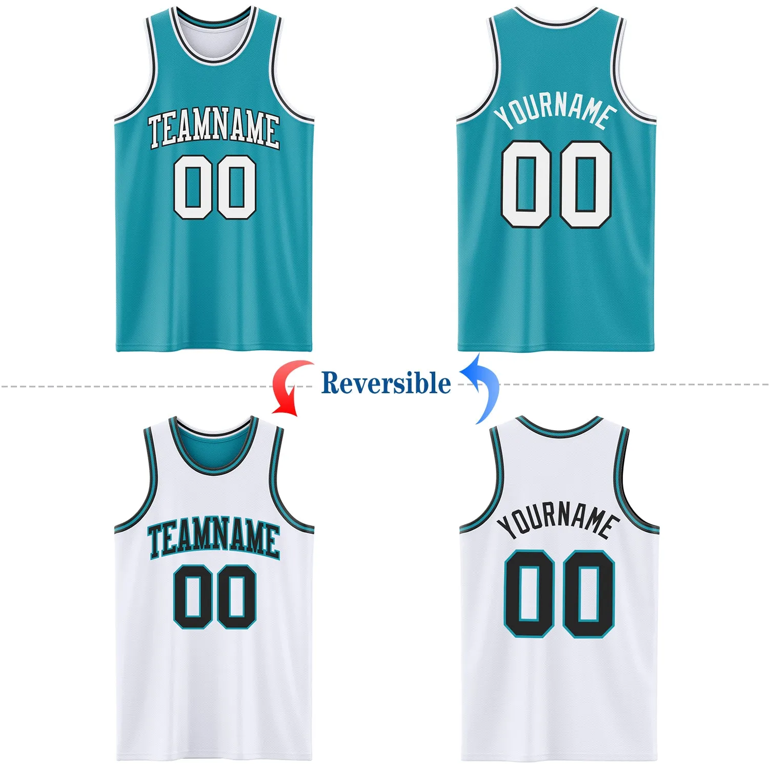 Custom Reversible Teal White-Black Double Side Basketball Jersey