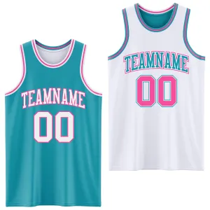 Custom Reversible Teal White-Pink Double Side Basketball Jersey