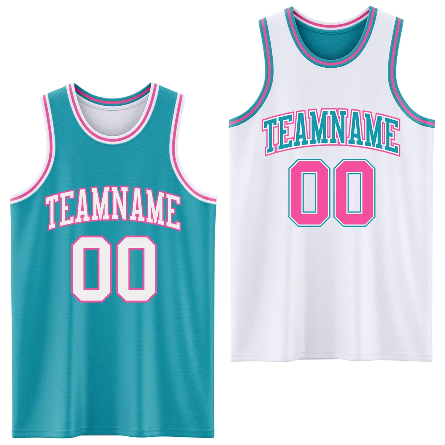 Custom Reversible Teal White-Pink Double Side Basketball Jersey