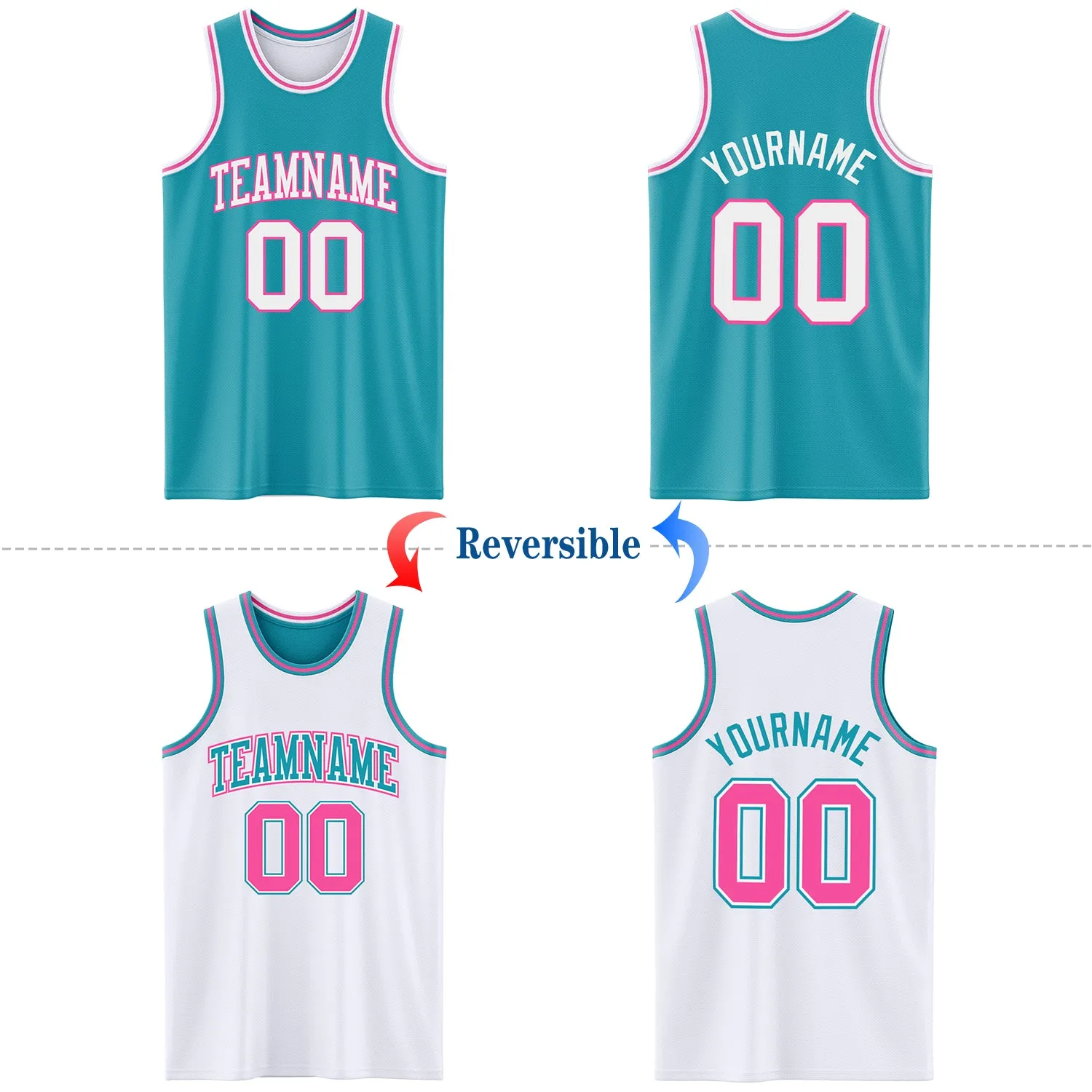 Custom Reversible Teal White-Pink Double Side Basketball Jersey