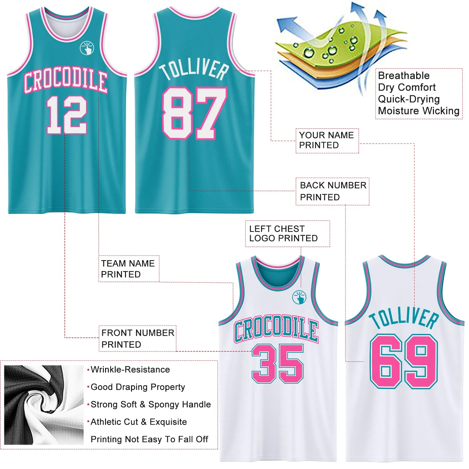 Custom Reversible Teal White-Pink Double Side Basketball Jersey