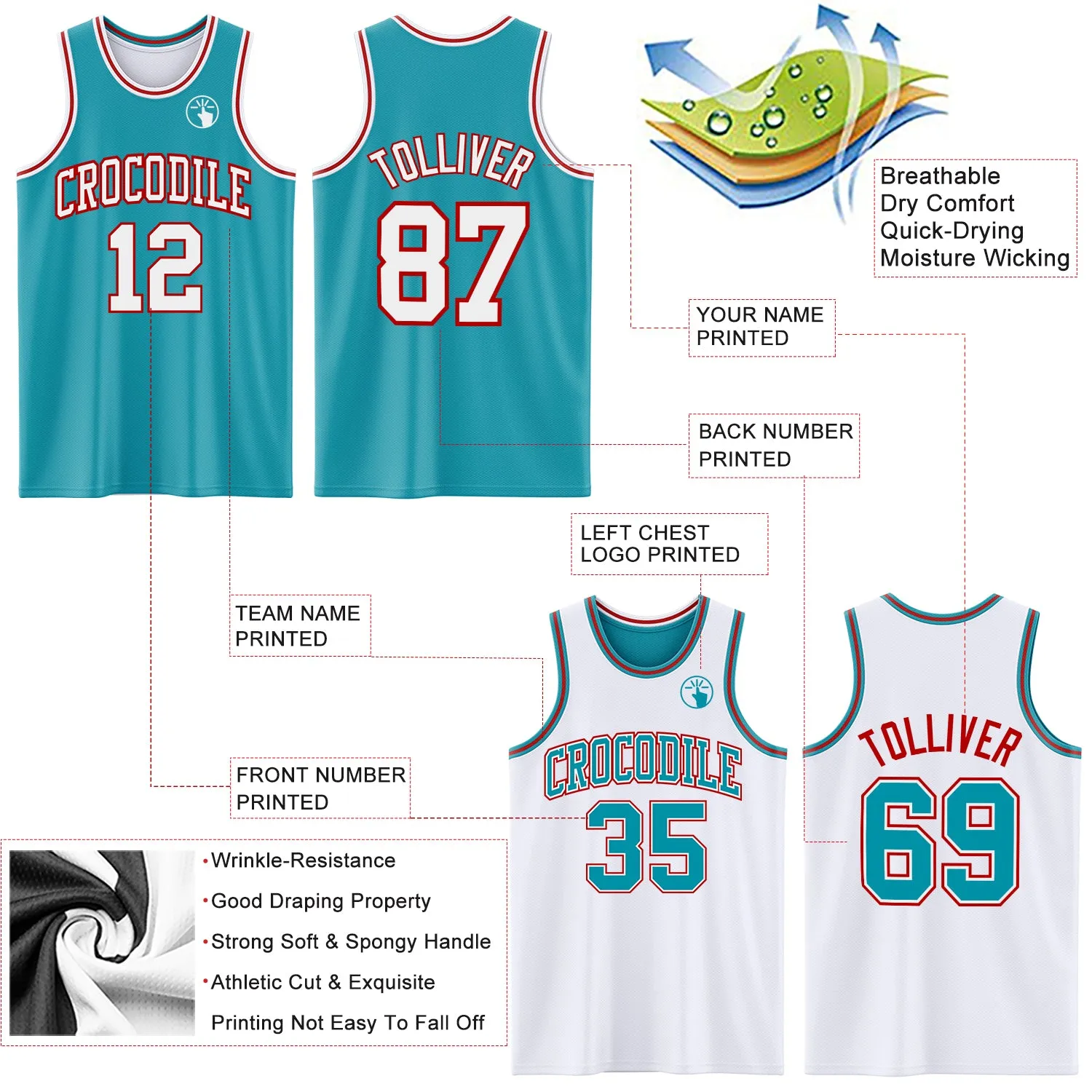 Custom Reversible Teal White-Red Double Side Basketball Jersey