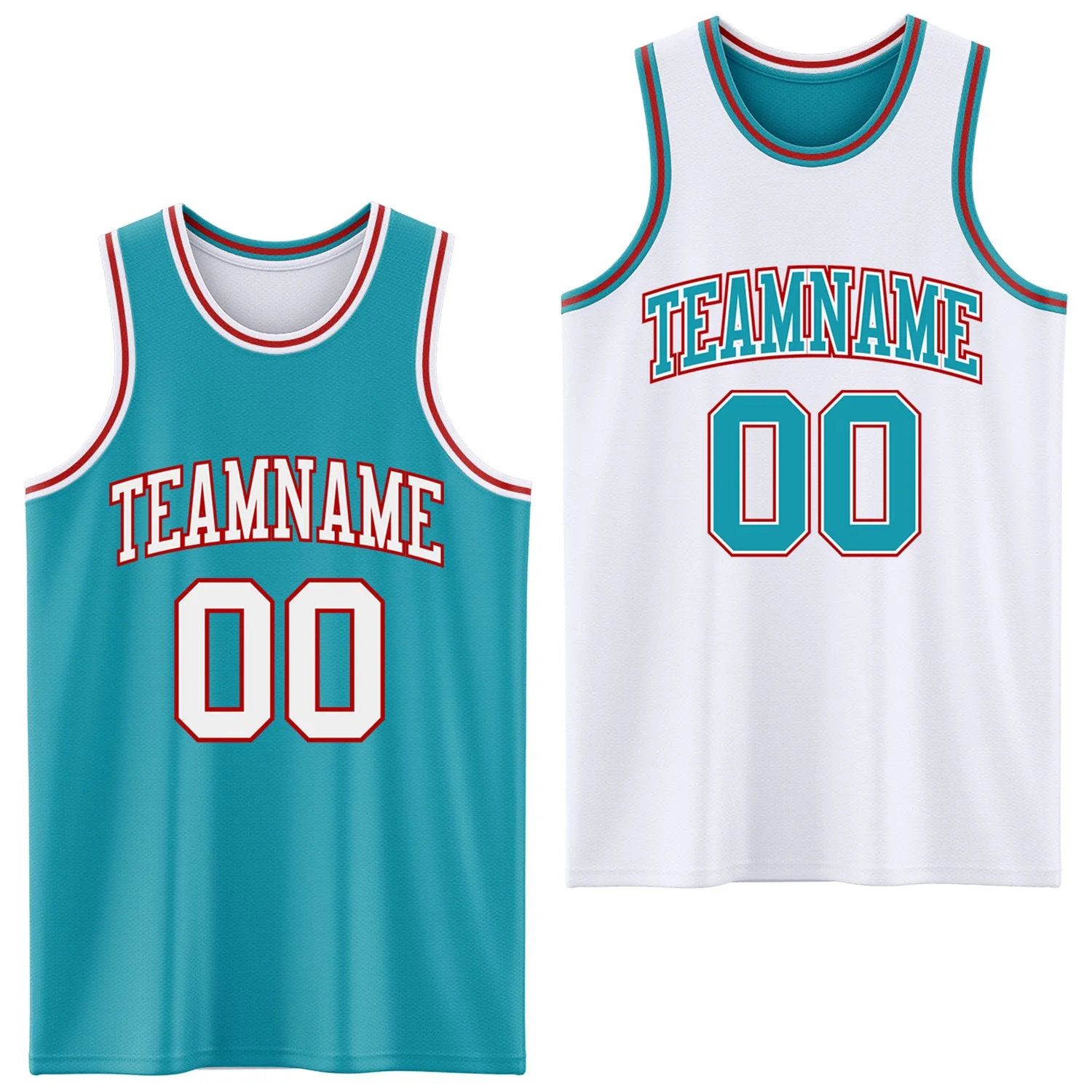 Custom Reversible Teal White-Red Double Side Basketball Jersey