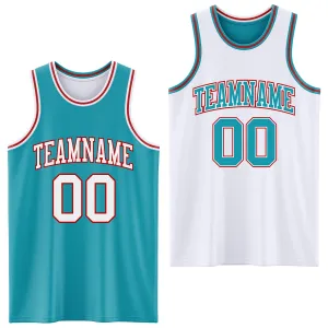 Custom Reversible Teal White-Red Double Side Basketball Jersey