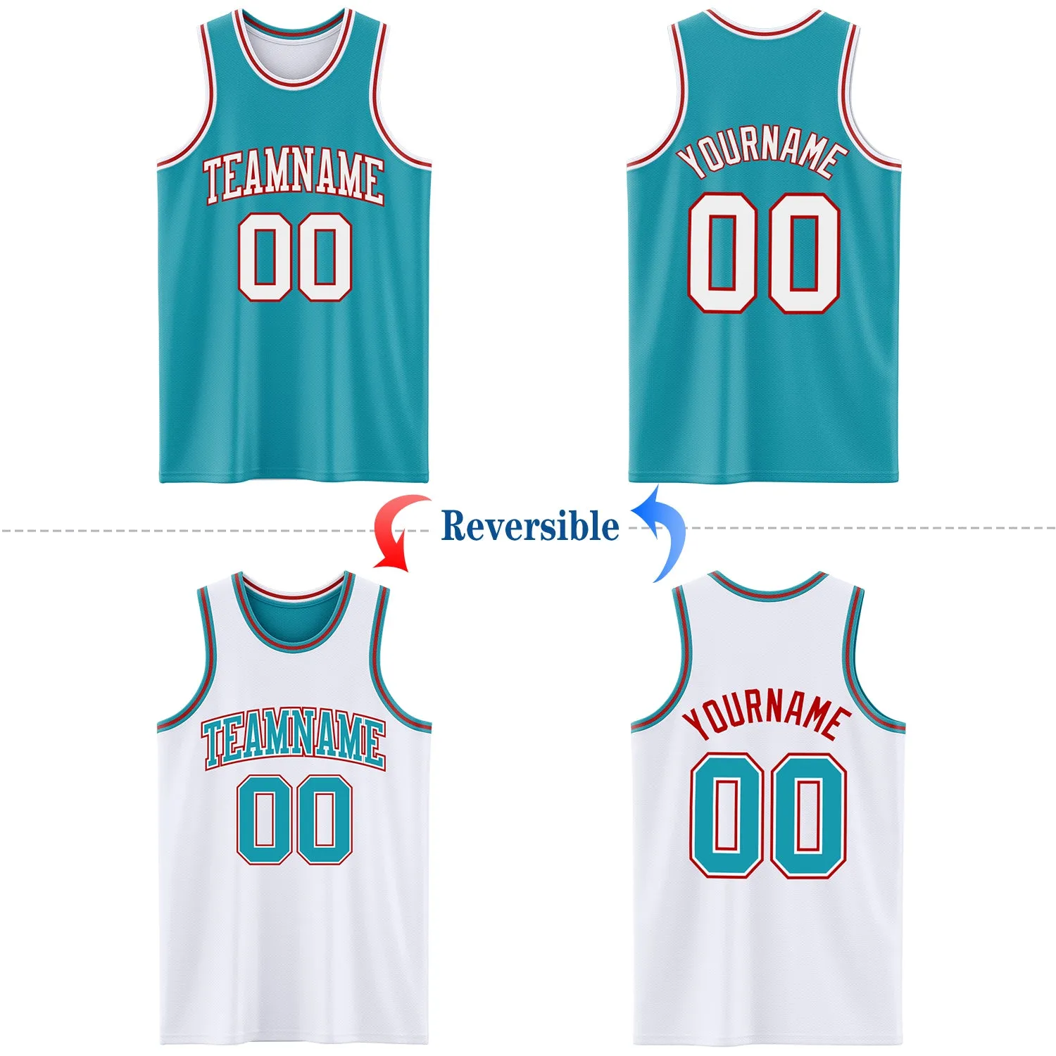 Custom Reversible Teal White-Red Double Side Basketball Jersey