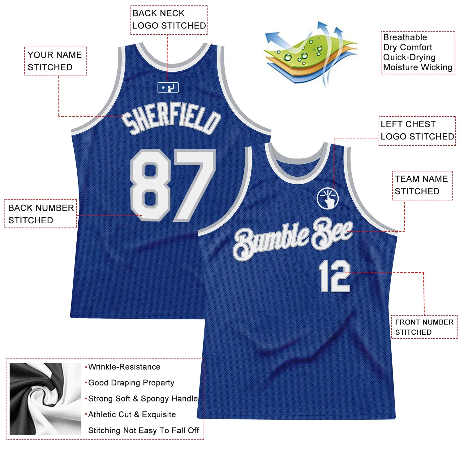 Custom Royal White-Gray Authentic Throwback Basketball Jersey