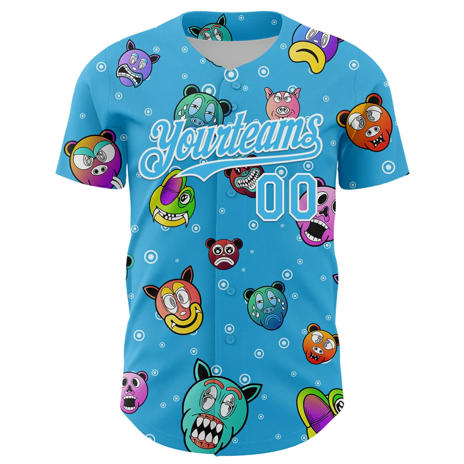 Custom Sky Blue White 3D Pattern Design Funny Cartoon Animal Authentic Baseball Jersey