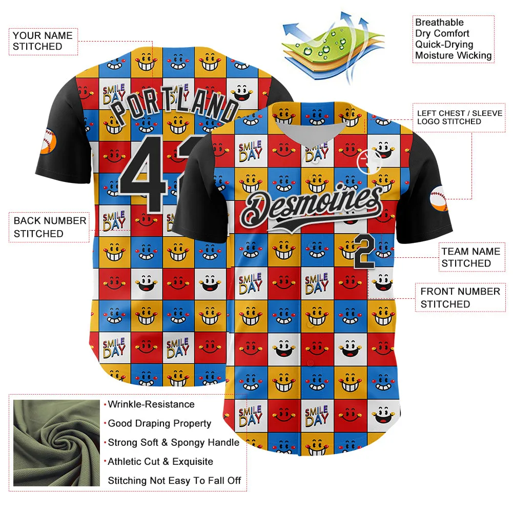 Custom White Black 3D Pattern Design Funny Cartoon Emoji Smile Face Authentic Baseball Jersey