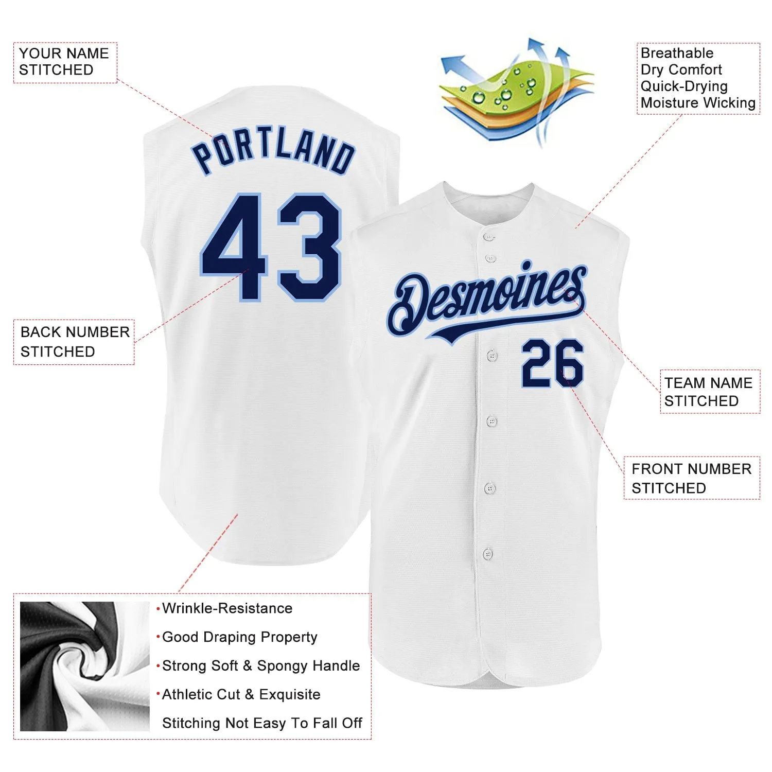 Custom White Navy-Light Blue Authentic Sleeveless Baseball Jersey