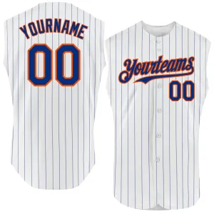 Custom White Royal Pinstripe Orange Authentic Sleeveless Baseball Jersey