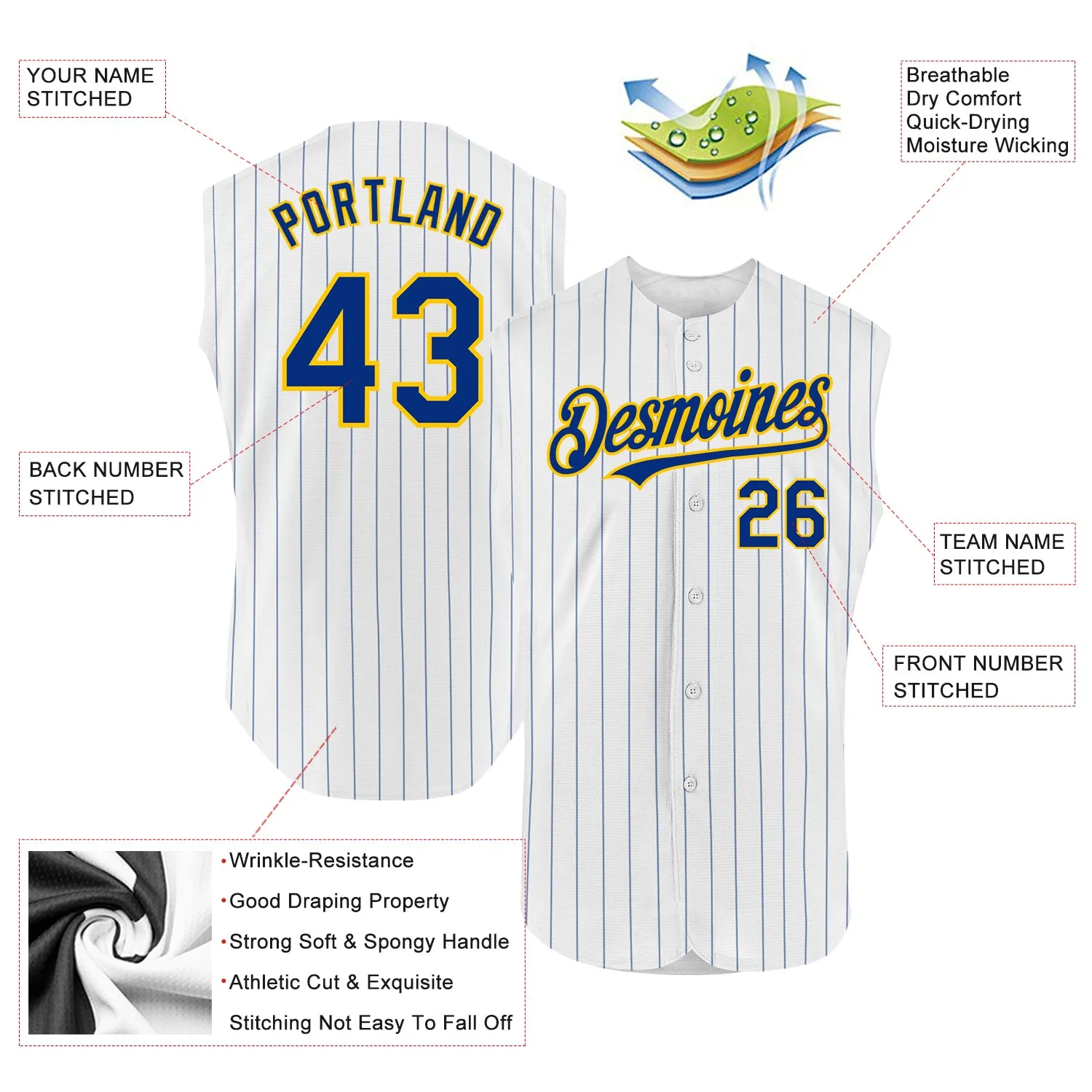 Custom White Royal Pinstripe Yellow Authentic Sleeveless Baseball Jersey