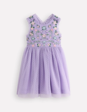 Tulle Cross-Back Dress-Lilac Floral Embroidery