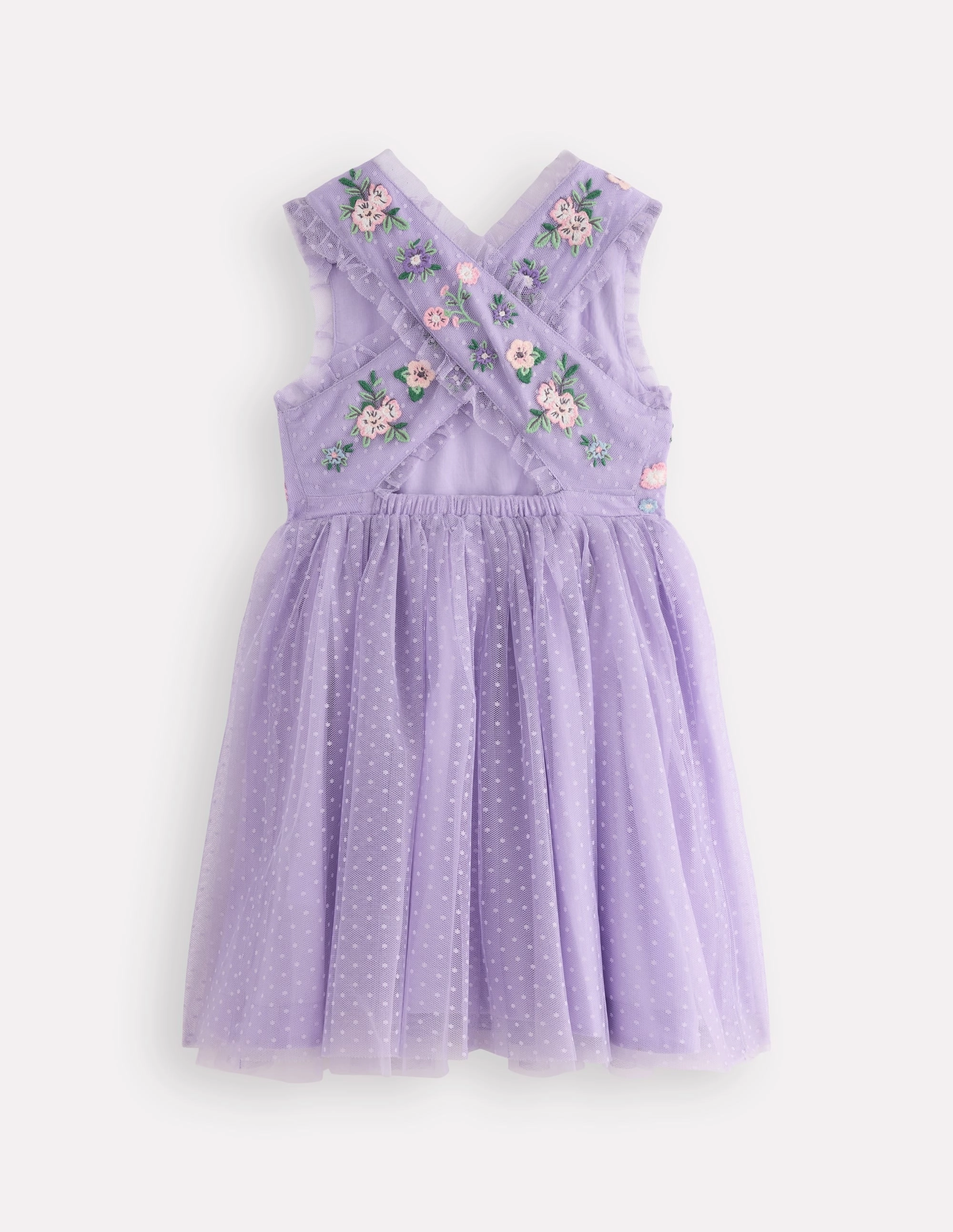 Tulle Cross-Back Dress-Lilac Floral Embroidery