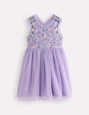 Tulle Cross-Back Dress-Lilac Floral Embroidery