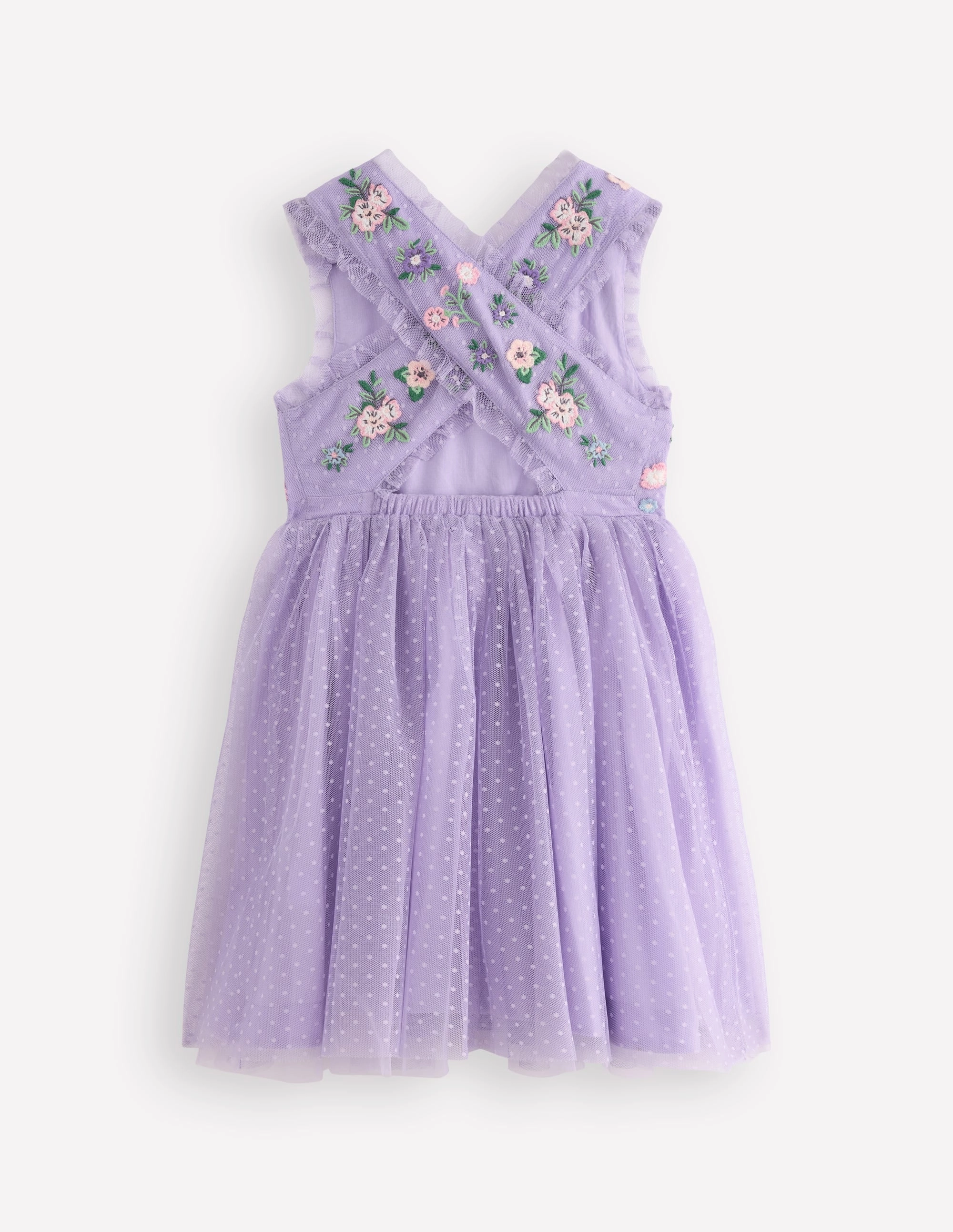 Tulle Cross-Back Dress-Lilac Floral Embroidery